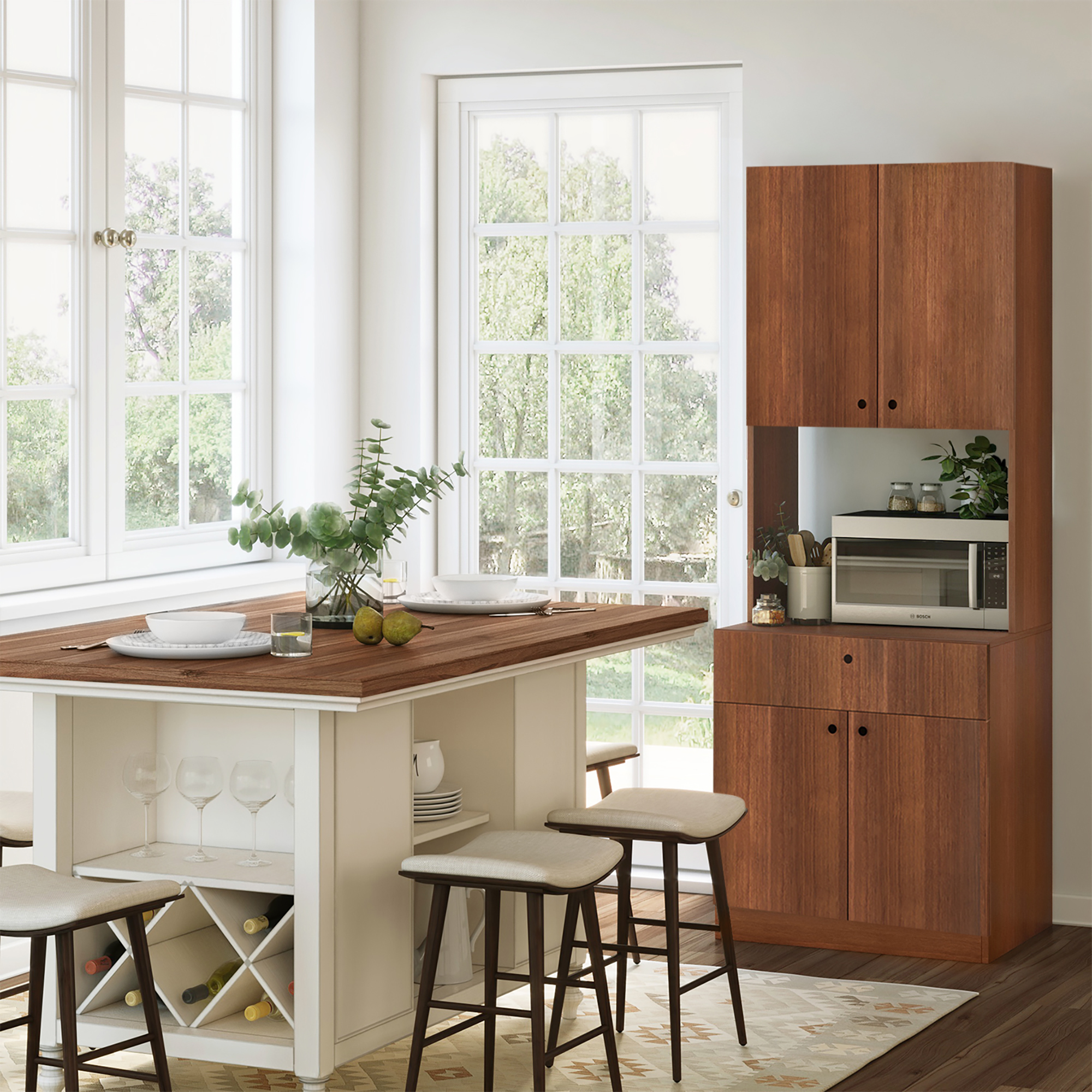 Kitchen Cabinet with Storage Shelves and Microwave Stand Dark Cherry