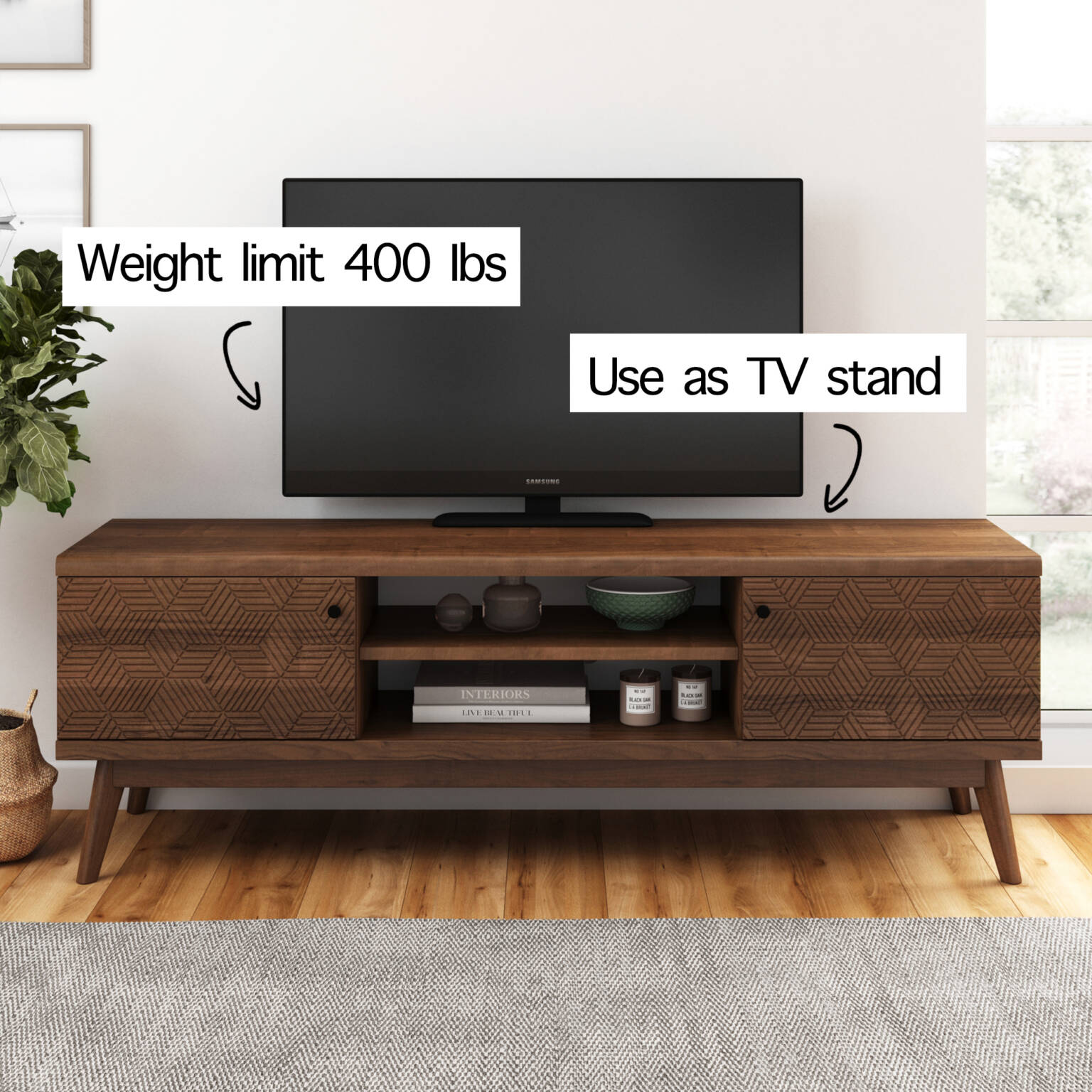 Scandi TV Stand Media Console Walnut Brown Large